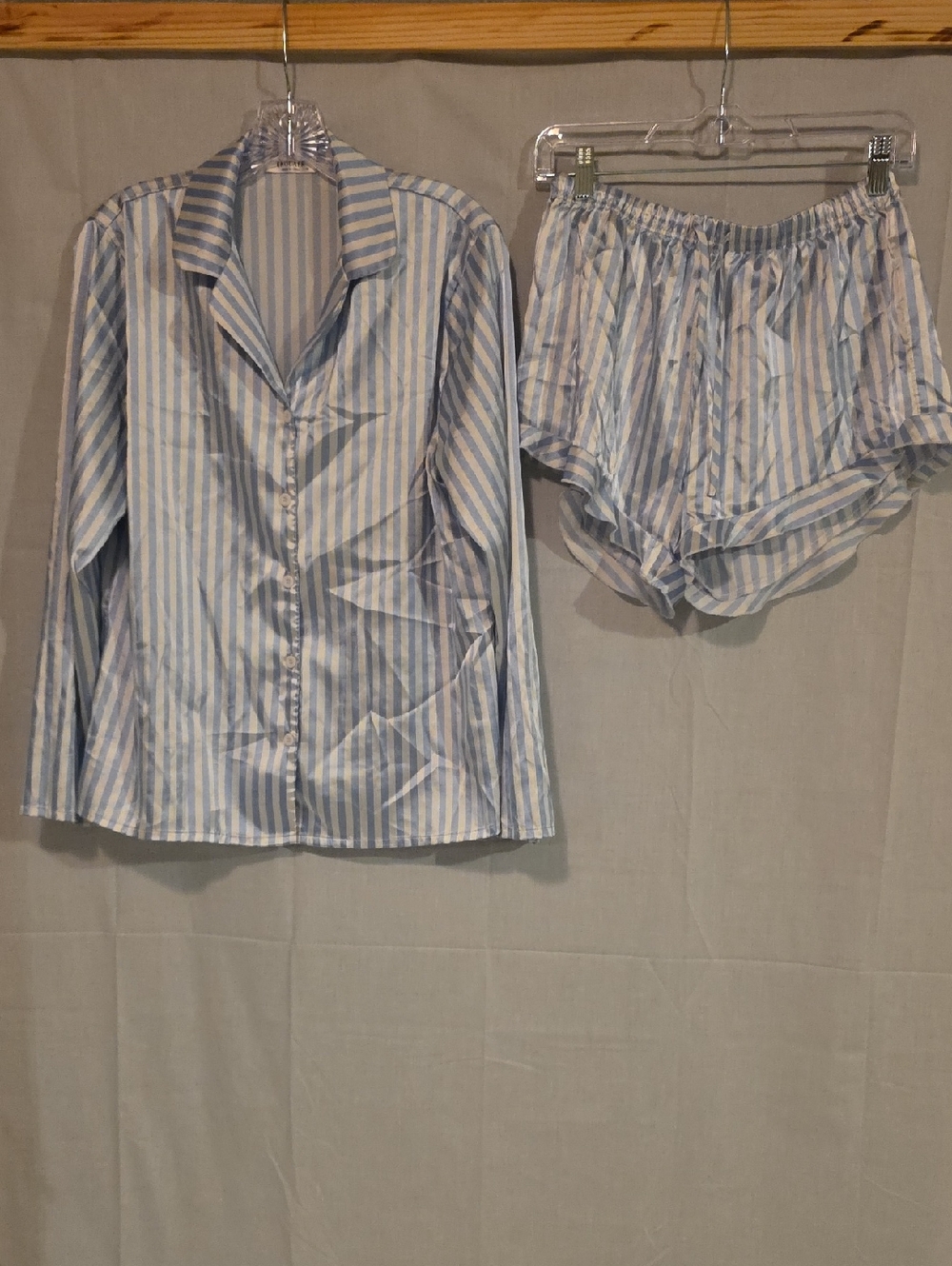 Women's Blue & White Stripe Button-Front Pajama Set - Classic Collar